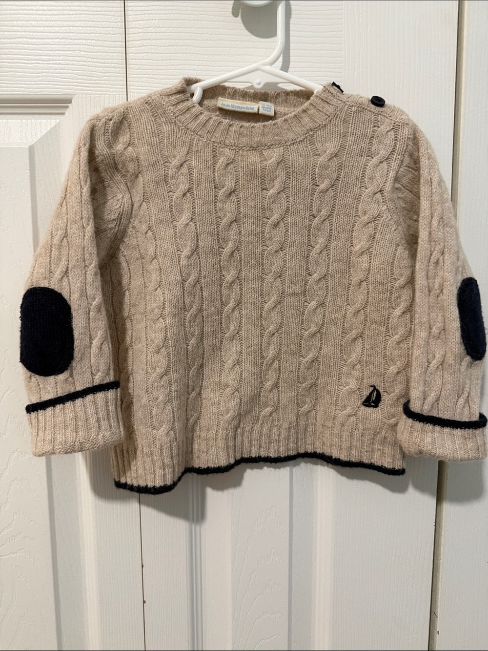 JoJo Maman Bebe Cream Cable Knit Sweater with Navy Accents